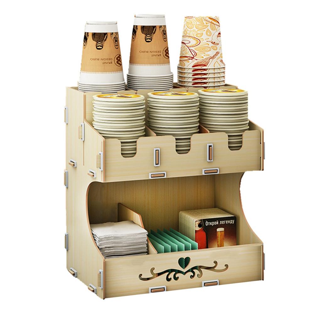 Houten Wegwerp Bekerhouder Multi Compartimenten Koffie Drinken Papieren Bekers, Deksels En Rietjes Diy Organisator Opbergdoos: Beige