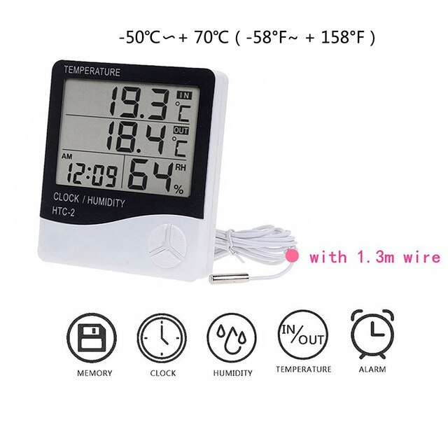 LCD Electronic Digital Temperature Humidity Meter Indoor Outdoor Thermometer Hygrometer Weather Station Clock: HTC2