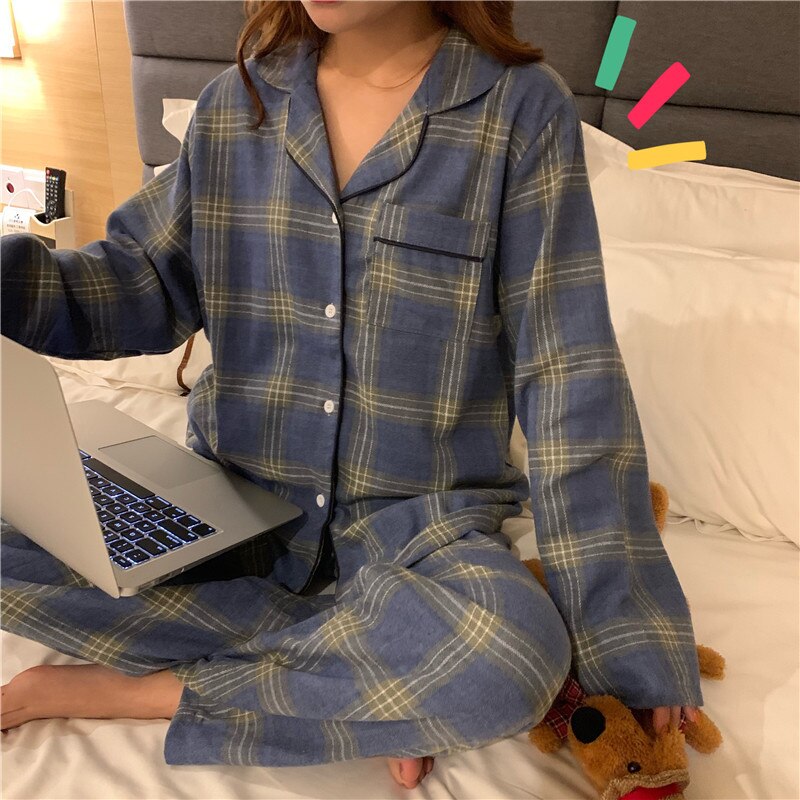 Classical Plaid Cotton Unisex Pajamas Women Men Autumn Winter Korean Couple Style Comfortable Long-sleeved Lapel Pijama Mujer