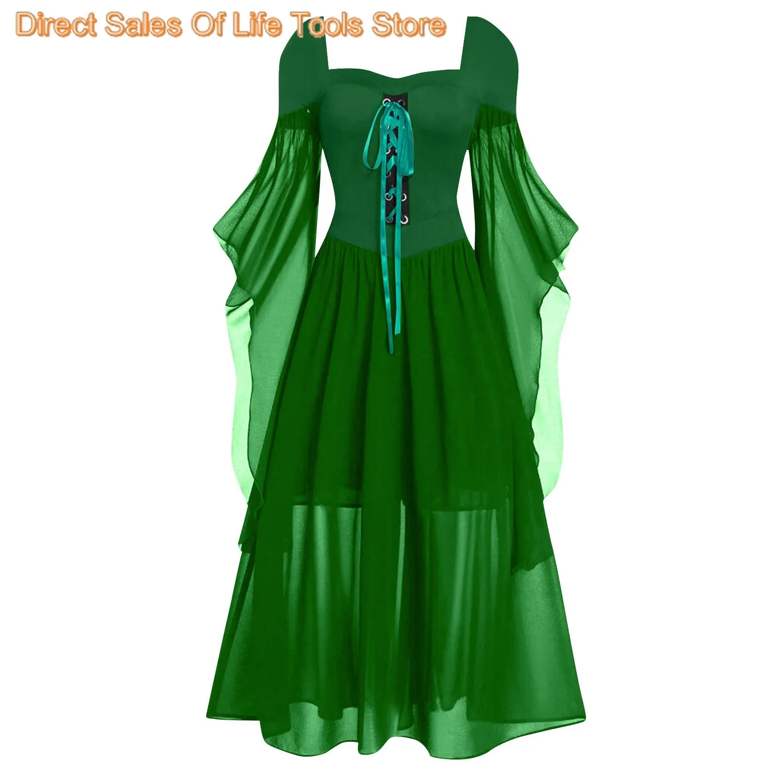 2024 Medieval Witch Dress For Women Halloween Carnival Women Plus Size Cold Shoulder Butterfly Sleeve Halloween Gothic Dress