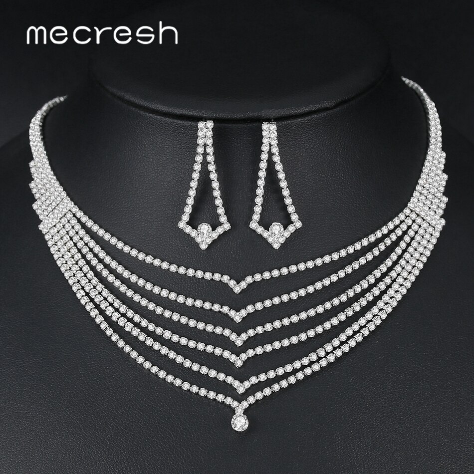 Mecresh Strass Bruiloft Sieraden Sets voor Vrouwen Afrikaanse Kralen Sieraden Set Luxe Crystal Bridal Ketting Set Accessoires TL551