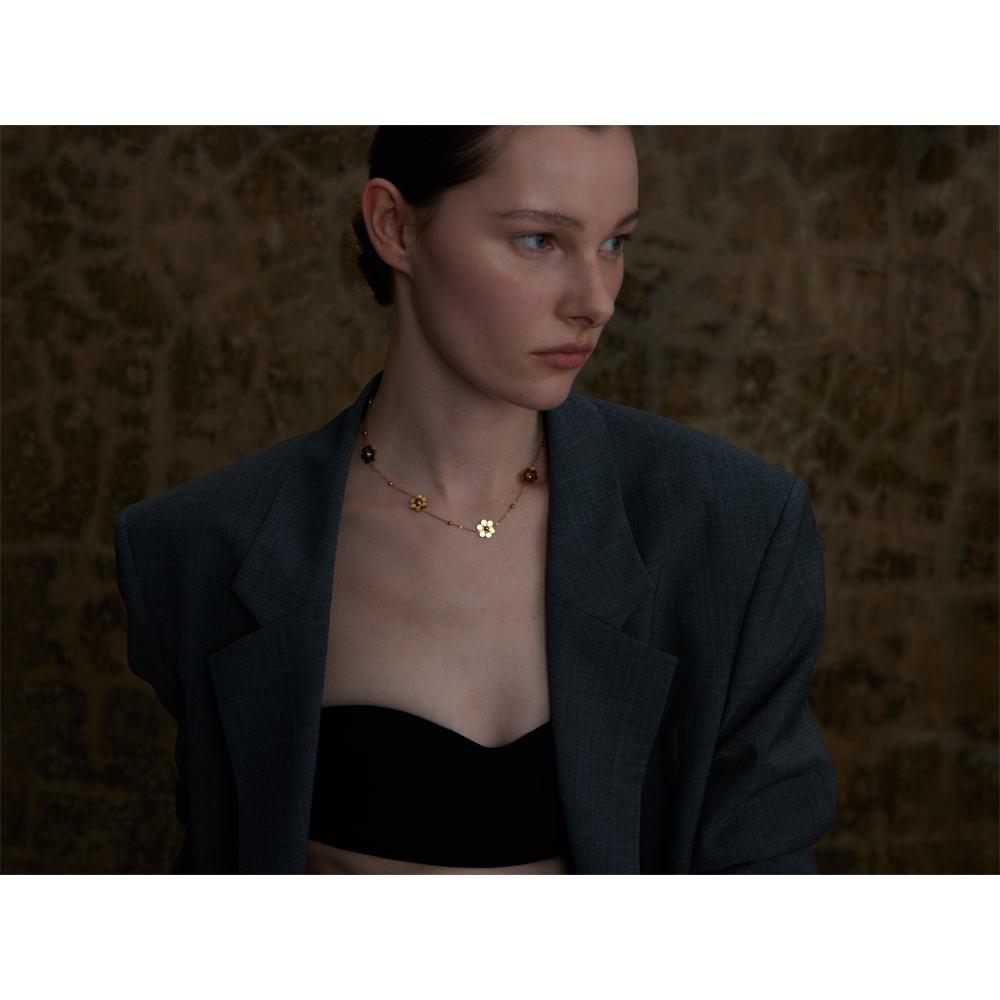 Yhpup Stainless Steel Flower Chain Necklace PVD Plated Golden Waterproof Polished Jewelry for Women