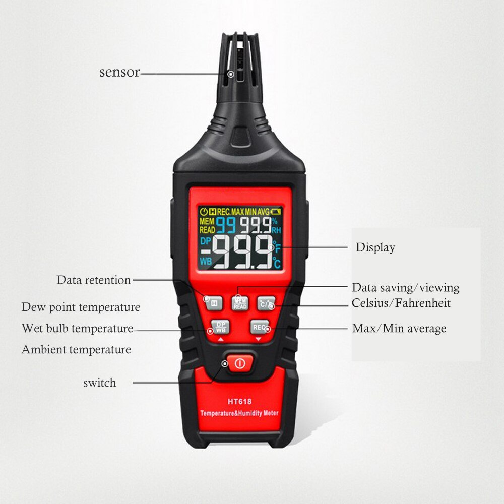 Ht618 bluetooth-gegevensbehoud micro-digitale hygrometer digitale temperatuur-vochtigheidsmeter overbelastingsindicatie eenheidsconversie