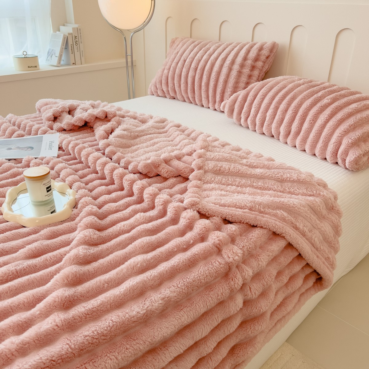 Einfarbig verdickte breit gestreifte Multifunktion decke, kann als Bettlaken decke, Nickerchen decke, Haustier decke verwendet werden: 100x140cm / Rosa