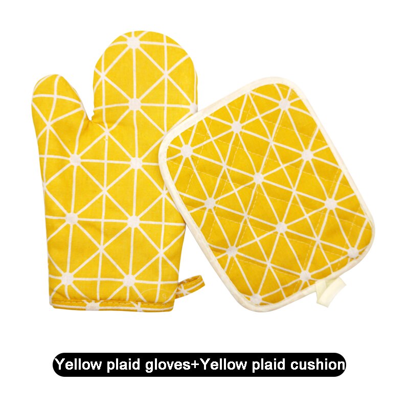 2pc/set Nordic Insulation Gloves Anti Scald Microwave Oven Gloves Cotton Hemp Insulation Mat Non-slip Kitchen Cooking Tools: Yellow Grid