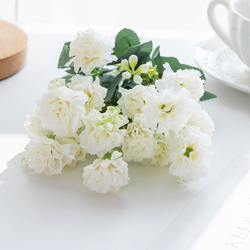 15 cabezas, flores artificiales, Clavel pequeño para Navidad, corona de costura para el hogar, artesanía, decoración de arco de boda, flor artificial: Blanco