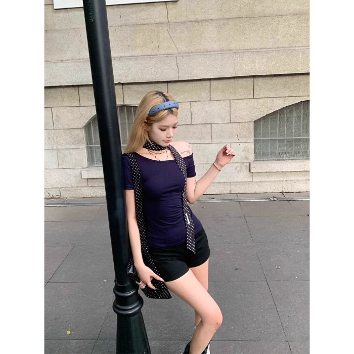 Slanted Collar Off Shoulder Short Sleeved T-shirt for Women Summer Slim Fit Spice Girl Streetwear Chic Y2k Top: S / Navy Blue
