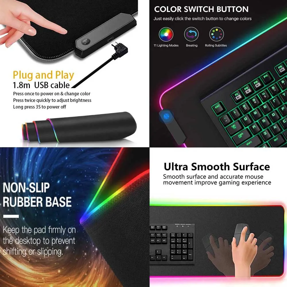 Gamer-Mauspad, RGB-LED-Mauspad, Geschwindigkeit 900 x 400, Mauspad, 800 x 300, große Teppiche, 1000 x 500 mm, Gaming-Zubehör, Beleuchtung, Gummimatten