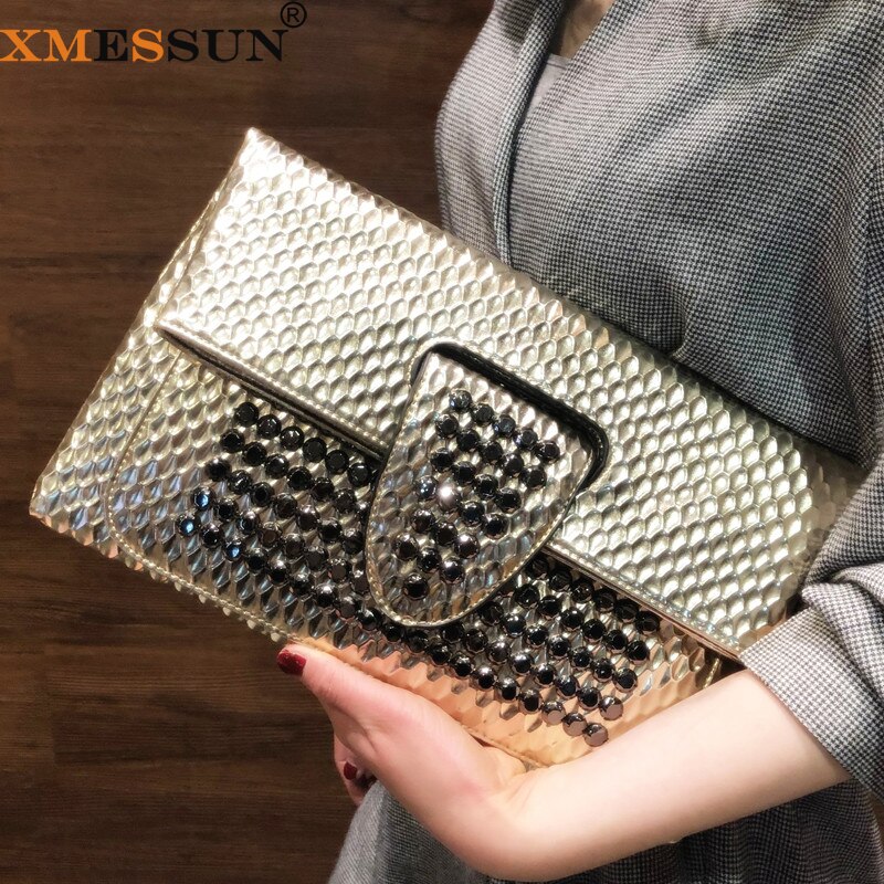 Xmessun Opvouwbare Clutch Bag Vrouwen Mode Envelop Party Clutch Diamant Klinknagel Schouder Crossbody Polsbandje Party Pouch Purse