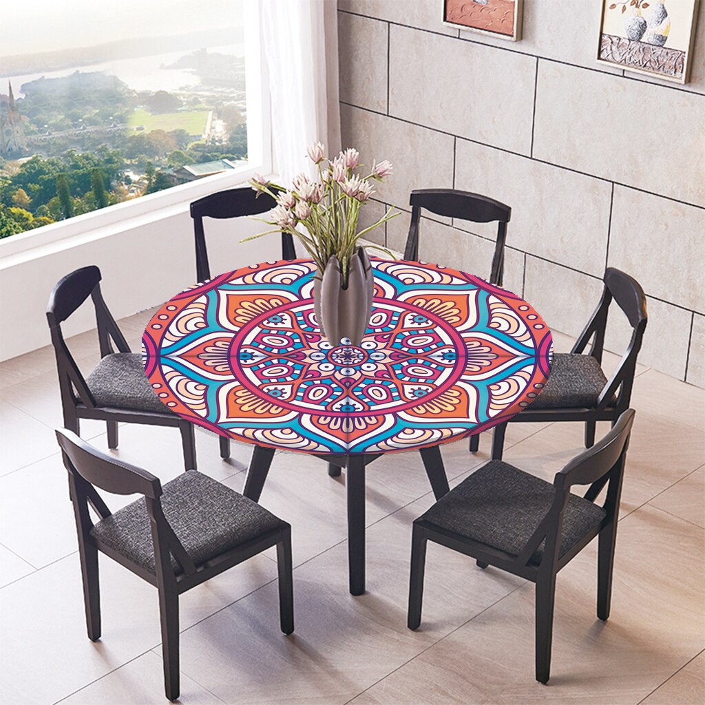 Elastic Edged Waterproof Backed Fitted Table Cover Tablecloths Kitchen Decor, Fits 47 inch Round Tables: Lotus 1.2m