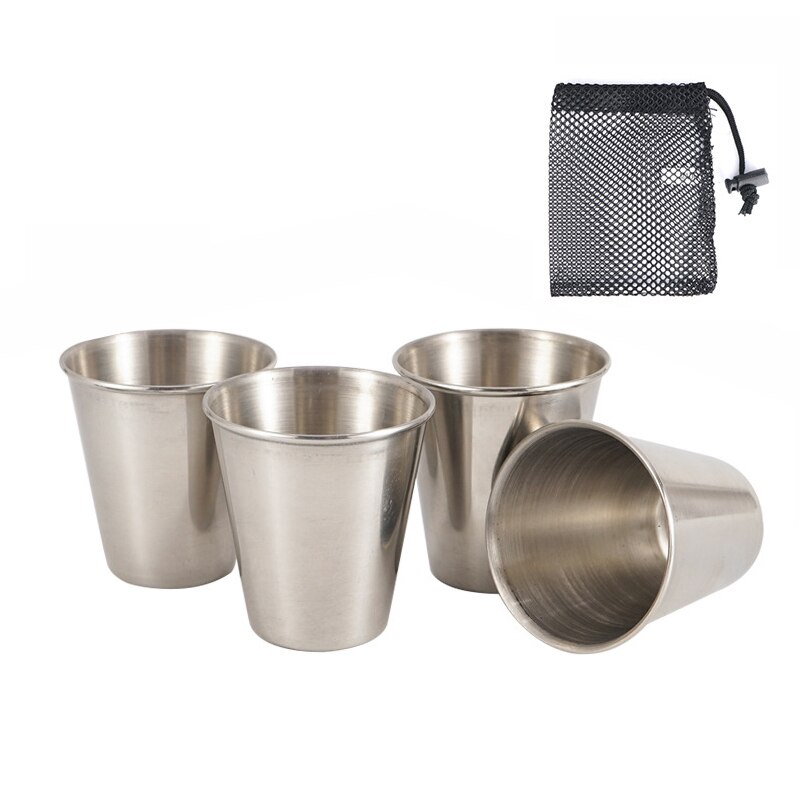 Mini taza de licor de acero inoxidable, utensilios de cocina portátiles con bolsa de malla para acampar al aire libre y senderismo, 6 uds.: 4 pieces