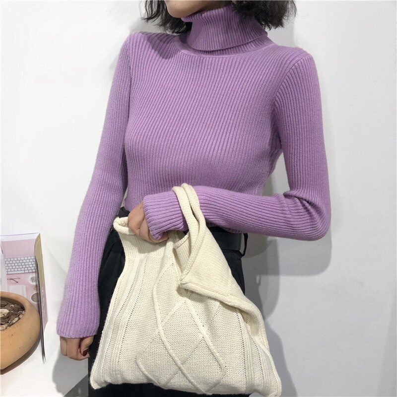 Pull épais pour femmes, Pull tricoté côtelé, Pull à manches longues, col roulé, Pull Slim et pour femmes, collection automne et hiver: VIOLET