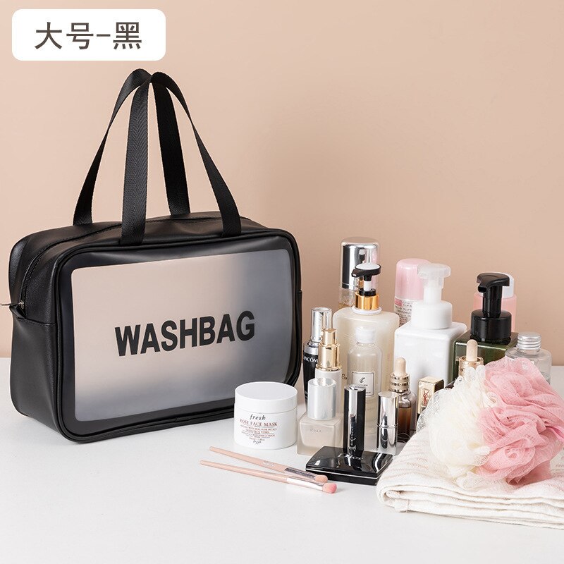 Stijlvolle brief toilettas pu make-up tas transparante reisorganizer toilettassen hoge capaciteit waterdichte dames cosmetische tassen: Grote zwarte