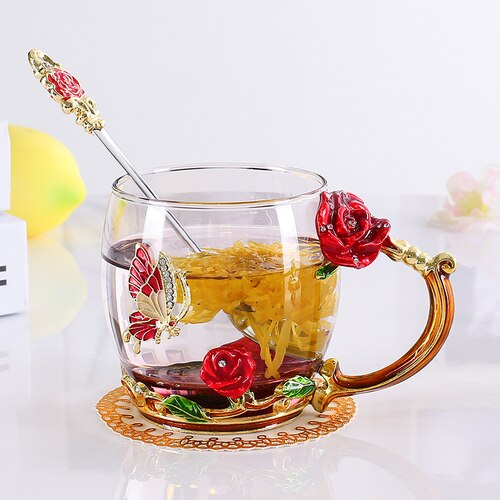 Röd blå ros emalj kristall tekopp kaffekopp fjärilsrosa målad blomma vattenkopp genomskinligt glas sked set  lb51232: Grå a