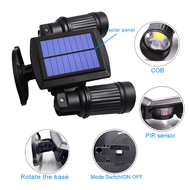 10w zonne-energie lampen cob led kraal dubbele kop verstelbare lamp beveiligingsverlichting spot voor buiten tuin tuin muur waterdicht