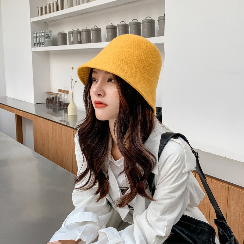 Panama Warm Winter Women's Bucket Hat Felt Wool Hat Girl Autumn and Winter Black Hip Hop Hat: Yellow