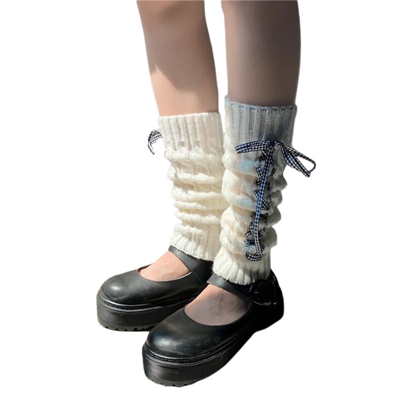 Scaldamuscoli autunnali da donna, calzini alti lavorati a maglia elasticizzati senza piede con fasciatura tinta unita per ragazze, bianco/nero: WHITE