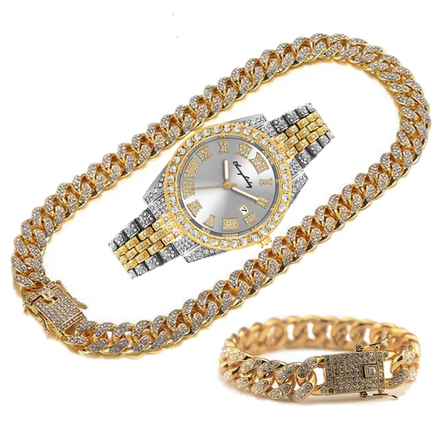 Montre entièrement glacée pour hommes, Bracelet, collier, ras du cou, bijoux bling-bling, grande chaîne en or, Hip Hop, ensemble de montre: bgold mix white