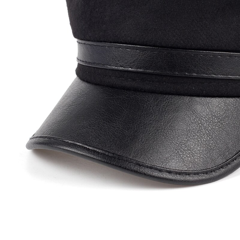 Boina de lana con vosor para hombre y mujer, gorro cálido de cuero azul marino para viajes al aire libre, invierno,