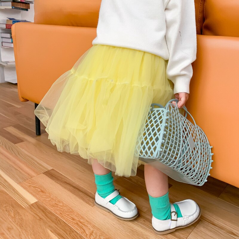 Barnkjol våren tjejer enfärgad spets prinsessa mesh kjol småbarn baby härliga pösiga bomullskjolar för barn