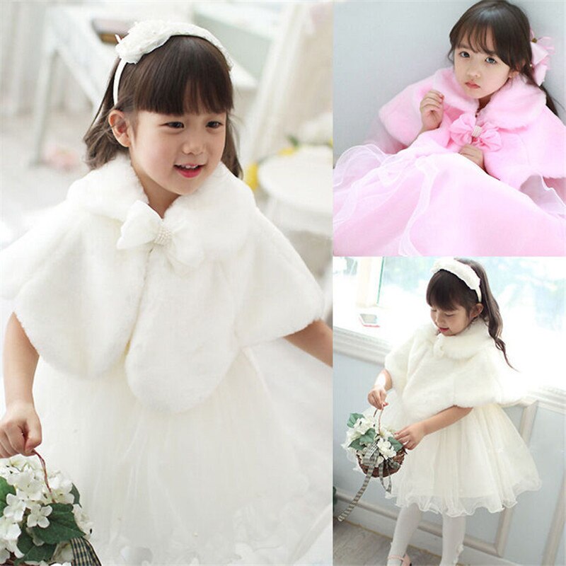 Capa de piel sintética abrigada para invierno para niñas, capa de pelo sintético blanco con lazo para boda o , abrigo clásico de pelo de imitación para niñas