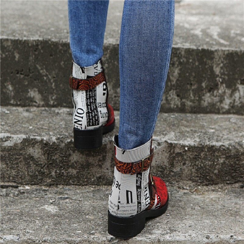 Bottines à imprimé ethnique pour femmes, chaussures Punk Martin à talons bas avec fermeture éclair, plate-forme avec boucle et sangle, collection automne et hiver