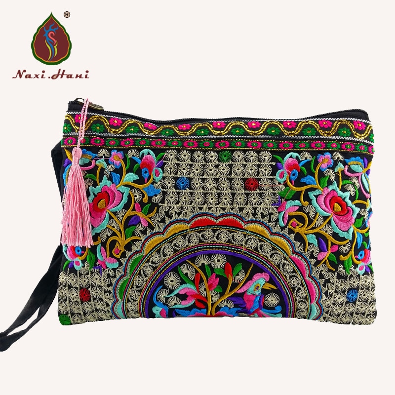 BOHO Double sided embroidery women wallet canvas lagre size purses Wristlets Retro mobile bags