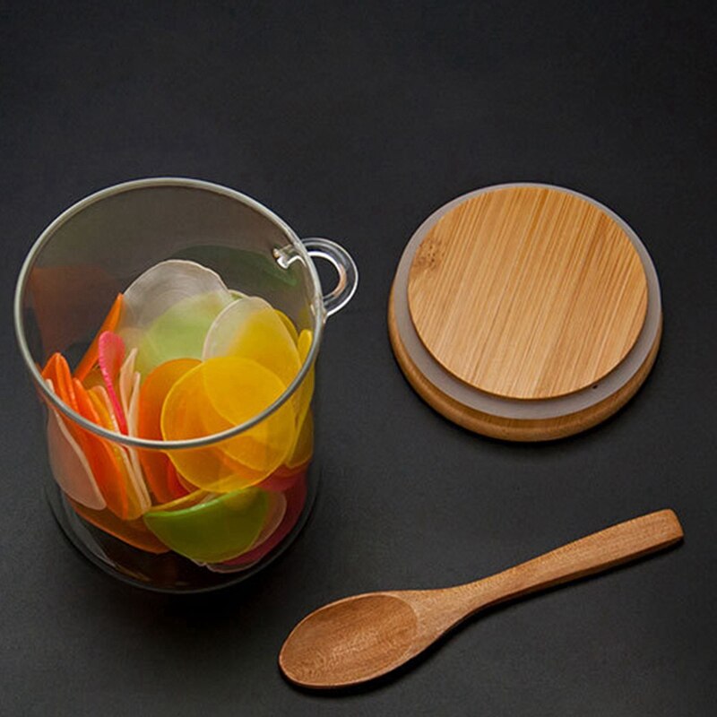 5X Glass Food Airtight Canister Castor Wooden Twist Lid Candy Storage Tank Jar Bamboo Food Container With Wooden Spoon