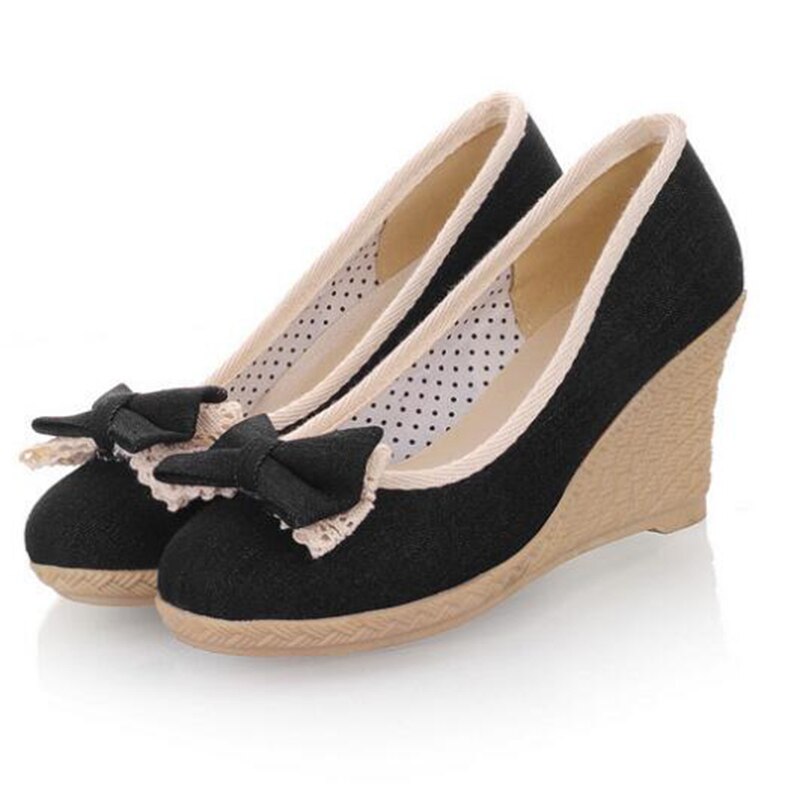 Covoyyar denim sød sløjfe kvinder pumps forår sommer wedges dame høje hæle rund tå casual lavvandede sko slip on whh 618