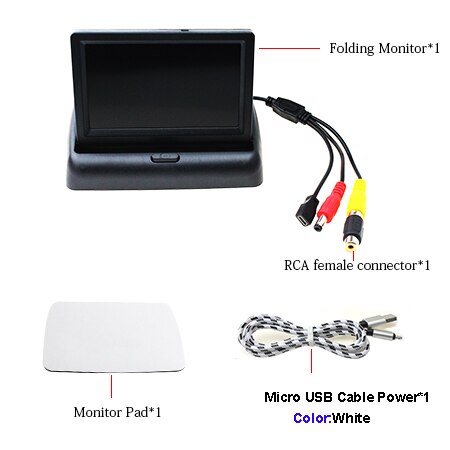USB Auto Monitor 4.3 Inch Opvouwbare Auto Parking Reverse Rear view Monitor 5 V Power Door Micro USB Charger datakabel: With White USB Cable