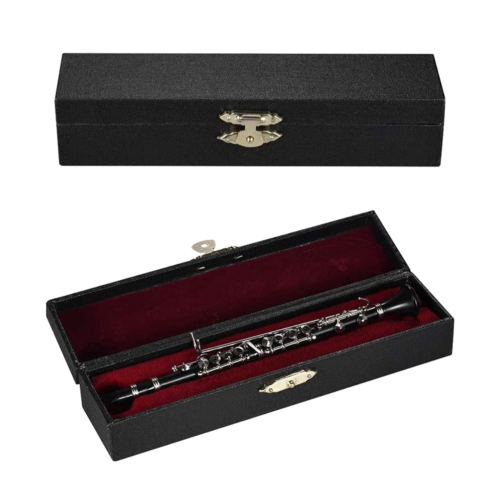 Mini Klarinet Model Muziekinstrument Miniatuur Bureau Decor Display Basklarinet Met Zwart Lederen Doos Bracket