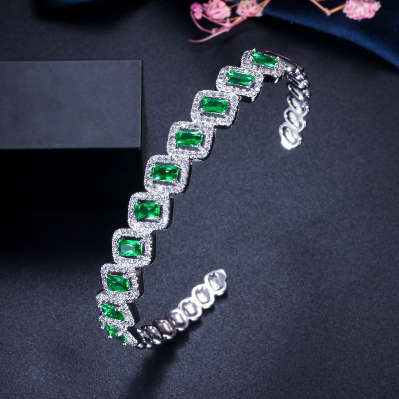 CWWZircons Silver Color Micro Pave Green Blue Cubic Zirconia Stone Love Open Cuff Ladies Bangles Jewelry for Wedding Party BG030: green