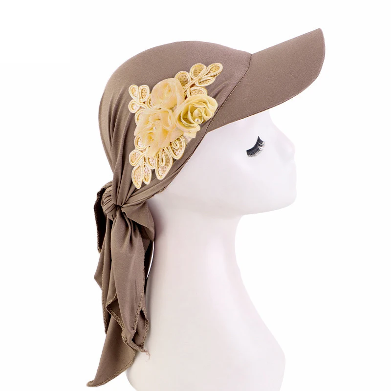 Gorra de ala ancha de verano para mujer, visera para el sol con turbante preatado, gorros Hijab, pañuelo para la cabeza, pañuelos a prueba de viento, sombrero para el sol al aire libre de Color sólido: Azul