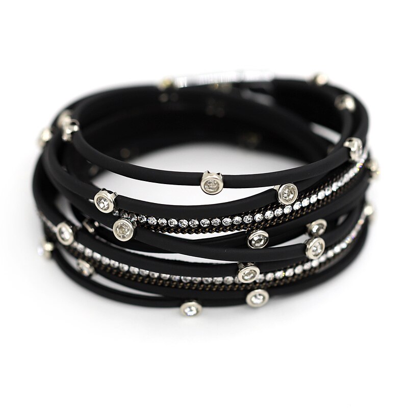 Mode Vrouwen Lederen Armband Multilayer Touw Cirkel Handgemaakte Ingelegd Rhinestone Magneet Sluiting Bangle Armbanden Zomer Sieraden: B9008e Black