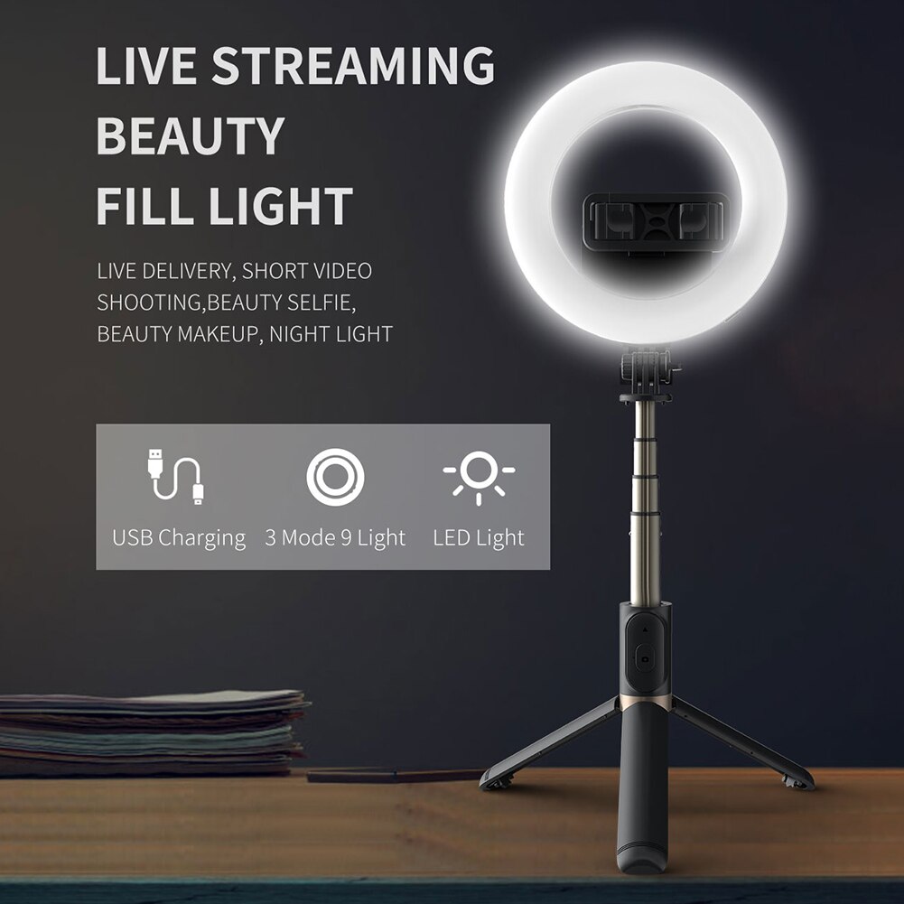 ALLOYSEED Q07 Portable Bluetooth4.0 Selfie Stick Tripod with 6 inch 9-brightness Dimmable LED Ring Light for iOS Android