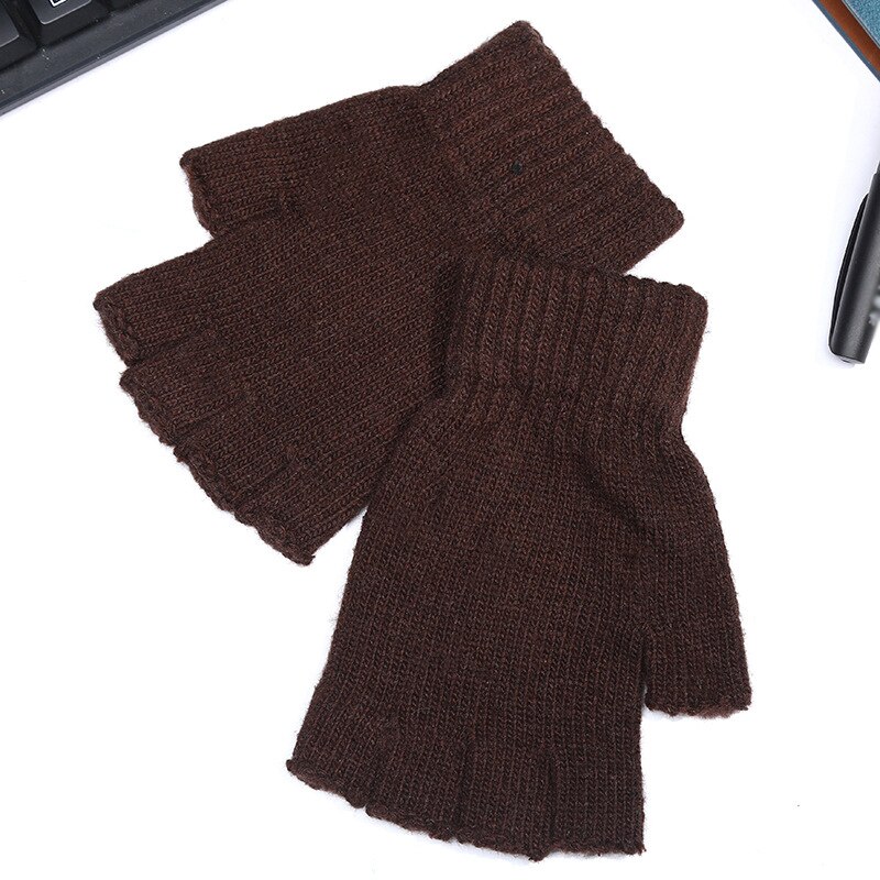 Vinter uld håndled håndvarmere fingerfri vante til mænd halvfinger handsker dække 1 par ensfarvet strikkede handsker: Kaffe