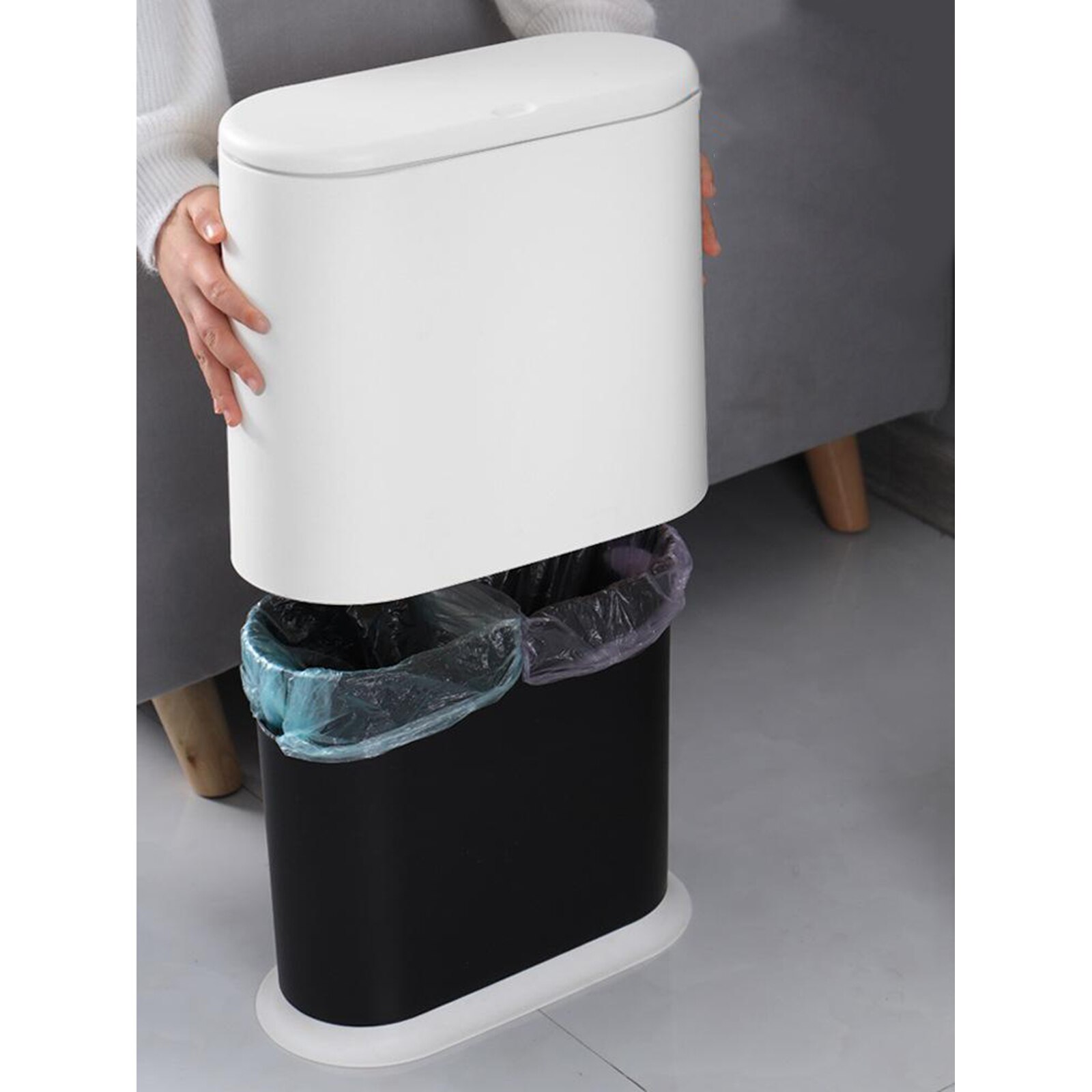 Push Button Dustbin Trash Can Rectangular Kitchen Trash Can Recycler Dual Compartments Rubbish Bin Waste Recycling Waste Basket