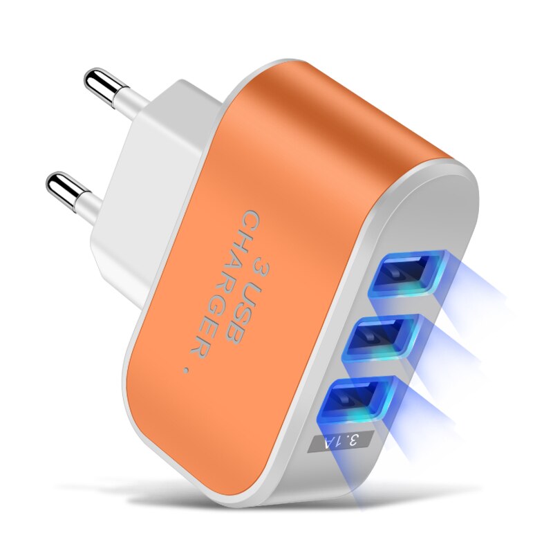 Candy Color 5V 1A US EU Plug 3usb 3 Ports USB Wall Home Charger Adapter For IPhone Samsung OPPO Charging Adapter With Indicator: EU Orange
