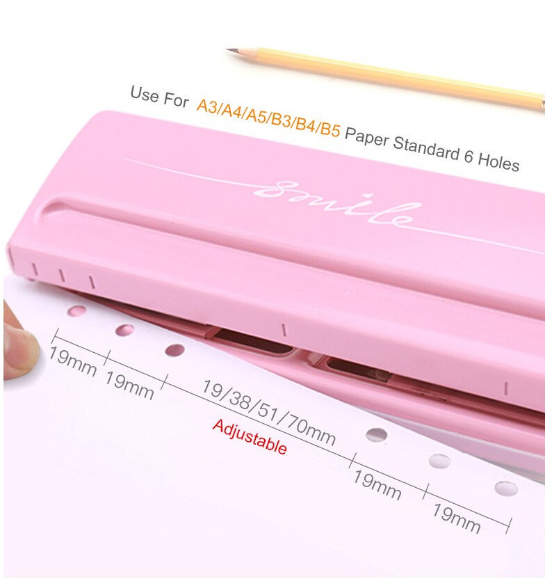 6 Hole Punch Pink Craft Metal Punch Paper Cutter Adjustable Diy A4 A5 A6 Loose-leaf Paper Punch Scrapbooking Office Stationery