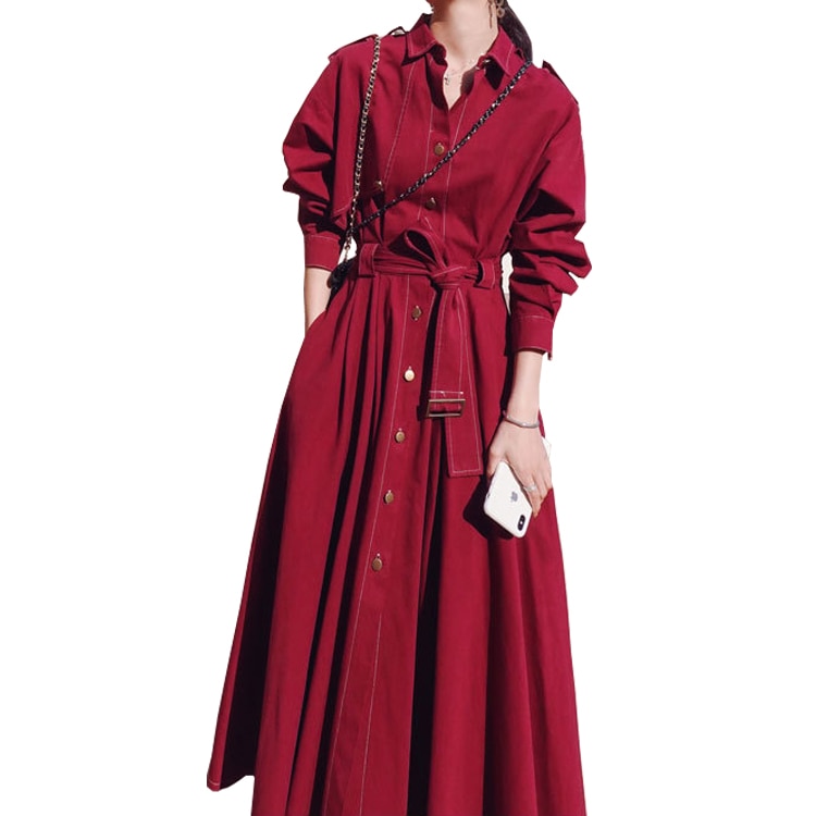herbst Frauen Lange Kleid Drehen Unten Langarm Frauen lässig max Kleid Mit Gürtel Graben Stil Frauen Kleid Vestidos