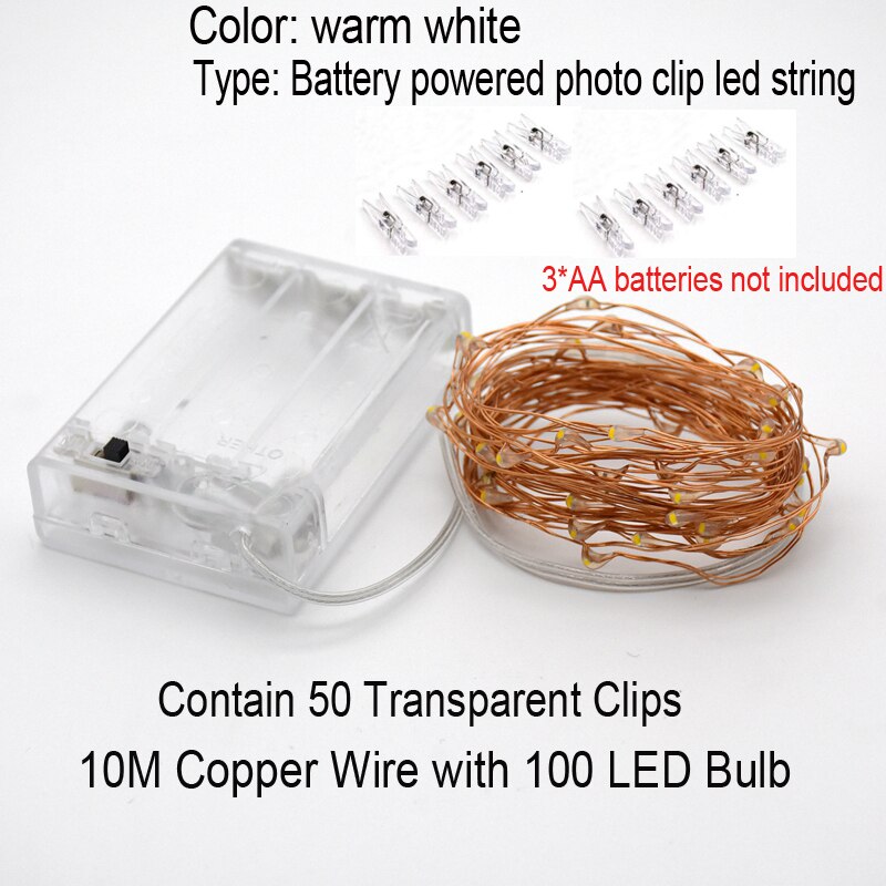 Garland Led 3M 5M 10M USB LED Light Strings Xmas Fairy Light for Photo Clip String Lights Battery Powered Indoor Outdoor Wedding: 10m AA - 50clips