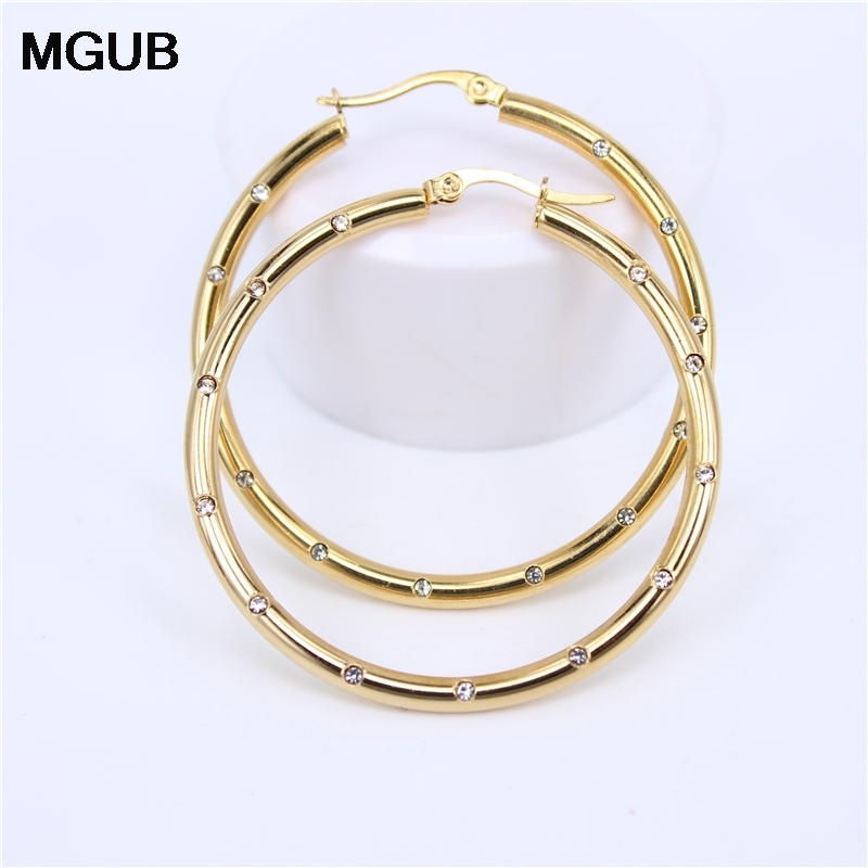 MGUB Diameter 35MM-55MM Big crystal Hoop Earrings Gold Color Stainless Steel Jewelry Circle Round Earrings For Women LH501