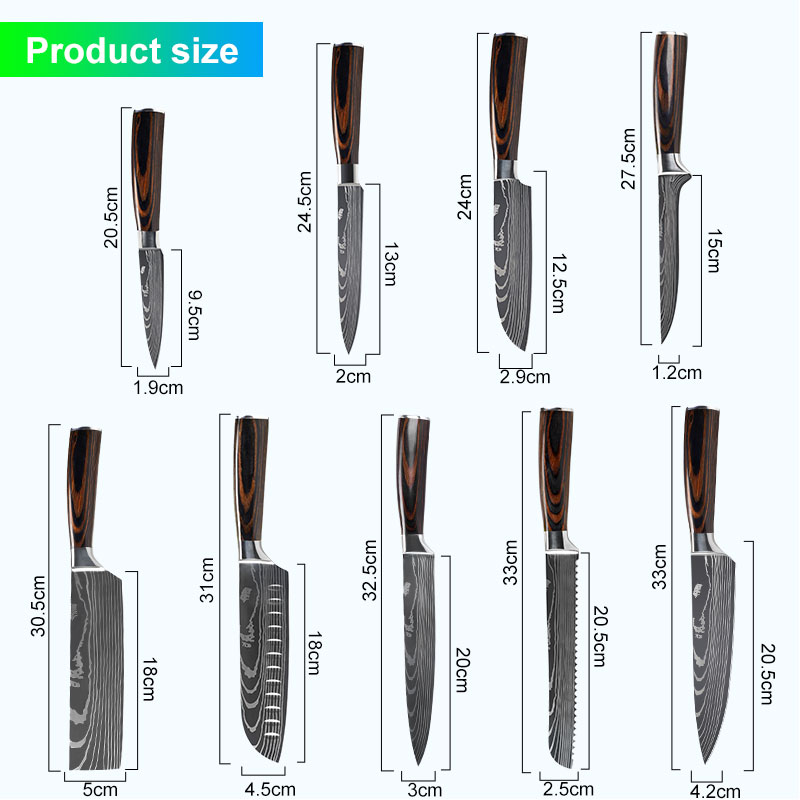 Köksknivar set kockknivar rostfritt stål imitation damaskus mönster santoku klyv skärning verktygsknivar