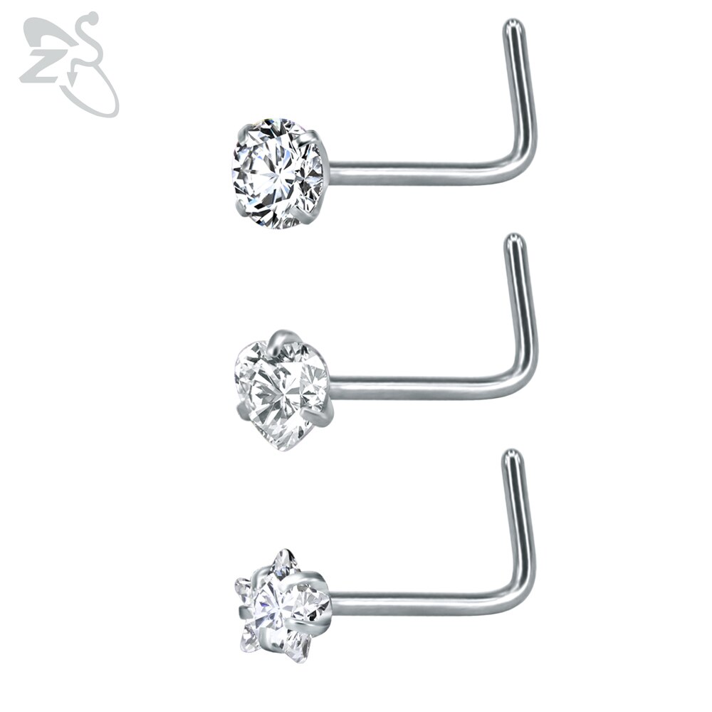 Zs piercing de nariz em aço inoxidável 3-12 porcelana, conjunto de pino redondo, estrela, coração, cristal cz, nariz, 3mm, forma de l, joia de piercing 20g: E-3pcs