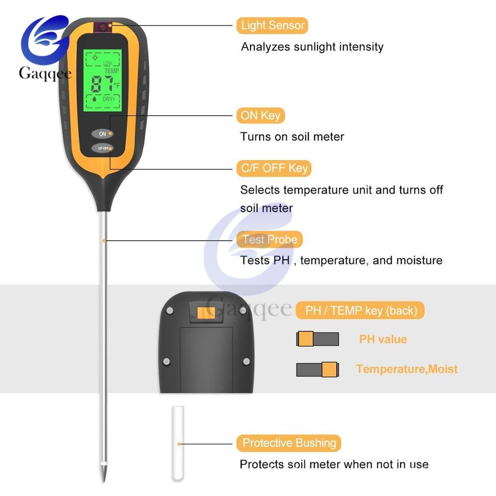 4 in 1 Digital PH Meter Soil Moisture Monitor Temperature Sunlight Intensity Measurement Analysis Acidity With Backlight