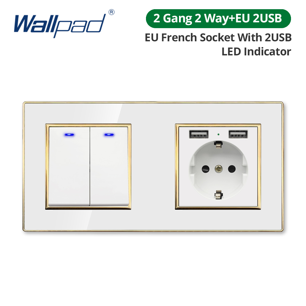 Wallpad White Acrylic Panel Gold Border Wall Light Switch LED Dimmer USB Charge EU Socket Outlet 4 5 6 7 8 Gang 2 Way Reset: Ivory