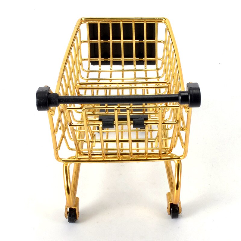 Mini Shopping Cart Storage Box Small Object Storage Basket Wrought Iron Metal Supermarket Trolley Storage Basket-Gold