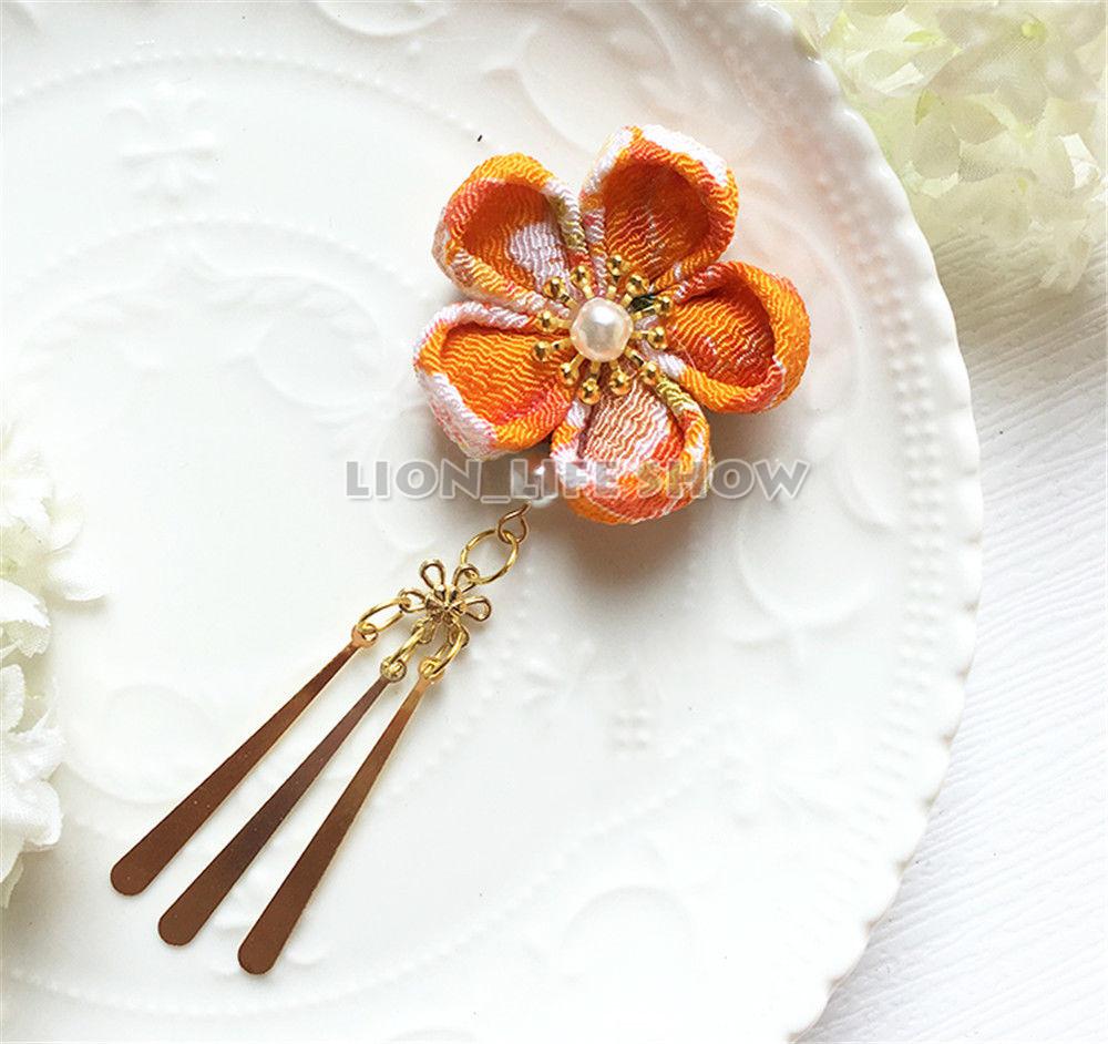Kimono tradicional japonés Yukata flor tocado horquilla con flecos: Naranja