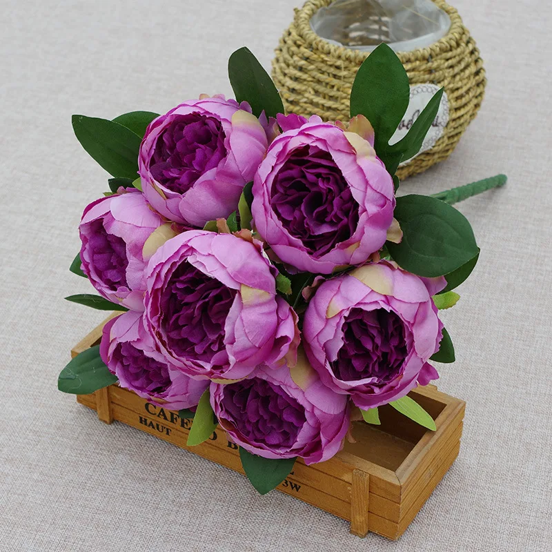 7 Heads Artificial Peony Bouquets Wedding Flowers Arrangement,Blue Red White Silk Peonies Flower Home Office Table Decoration: plum