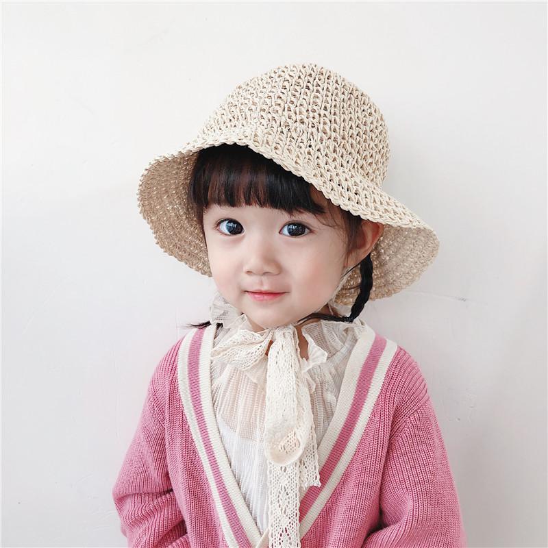 DeePom Girls Straw Hats Summer Sun Hats For Girl Child Children Baby Beach Hats Long Lace Ribbon Kids Sunscreen Sunhat Cap